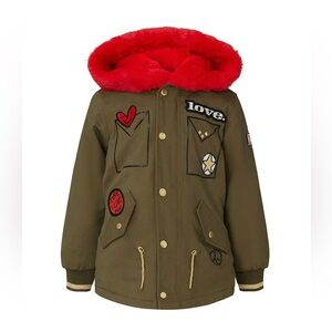 Little Marc Jacobs girls olive green & red faux fur lined winter parka patches